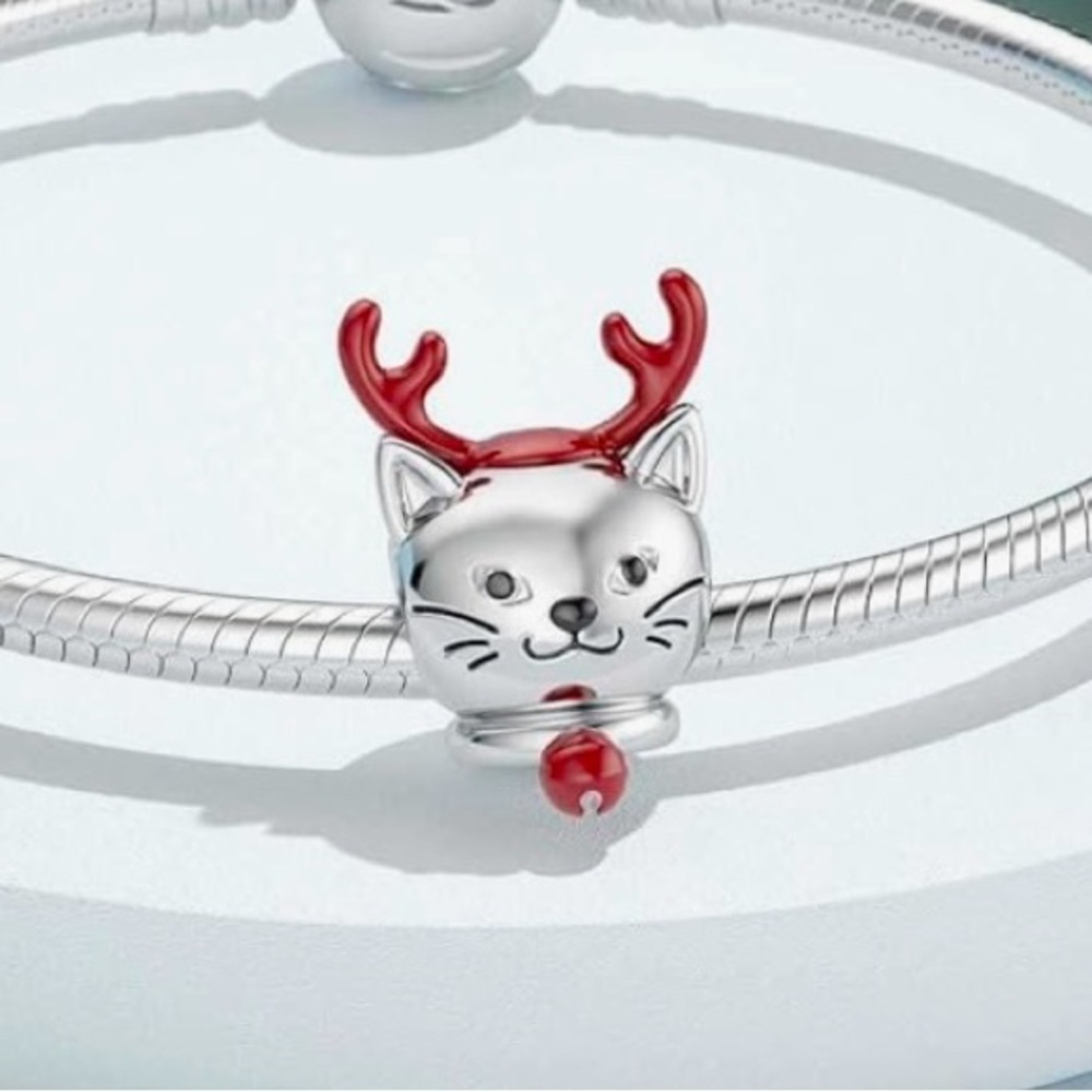 Christmas Cat charm for Pandora bracelet slide charm sterling silver